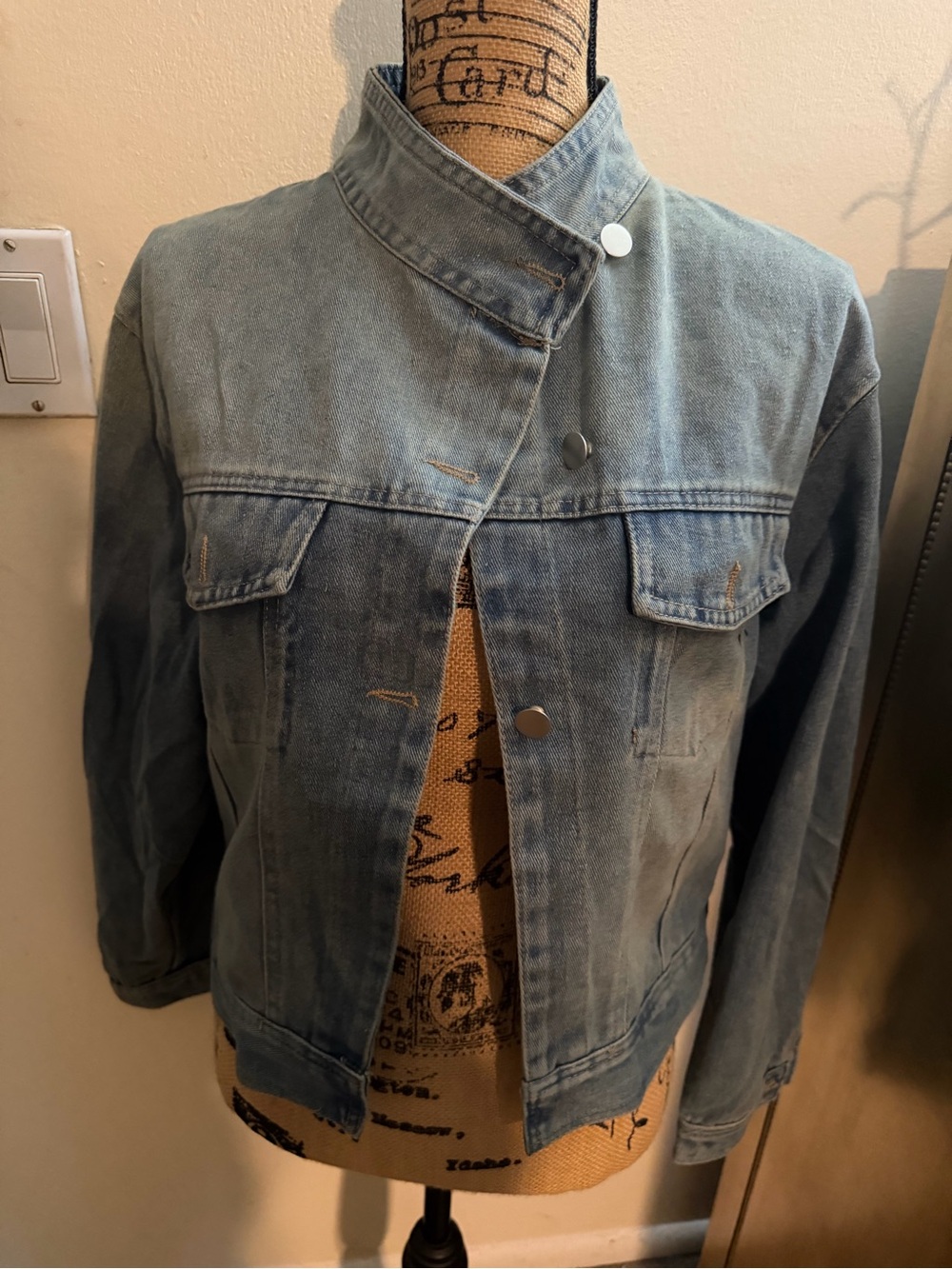 Washed Blue Denim Jacket with Stand Collar